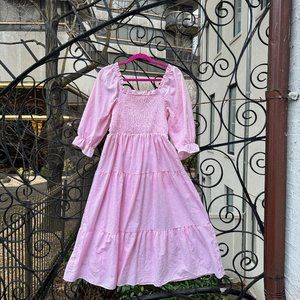 Hill House Inspired Tiered Smocked Linen Pink Dress w/ Adjustable Bow, Size XL